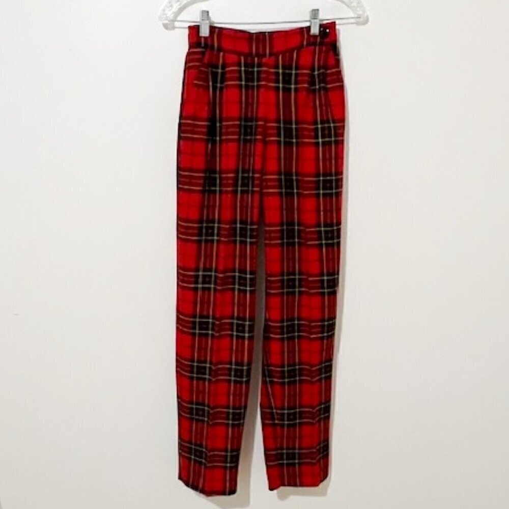 Vintage Blassport Bill Blass Red Tartan Pleated High Waist Pants Size 8